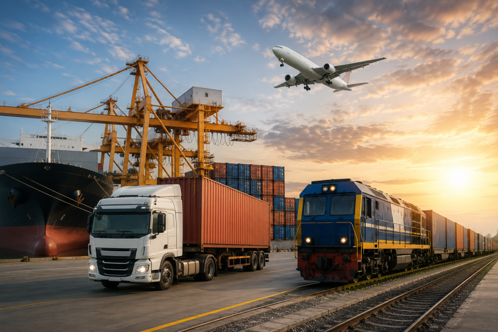Transport intermodalny z udziałem statku, pociągu, ciężarówki i samolotu w terminalu przeładunkowym